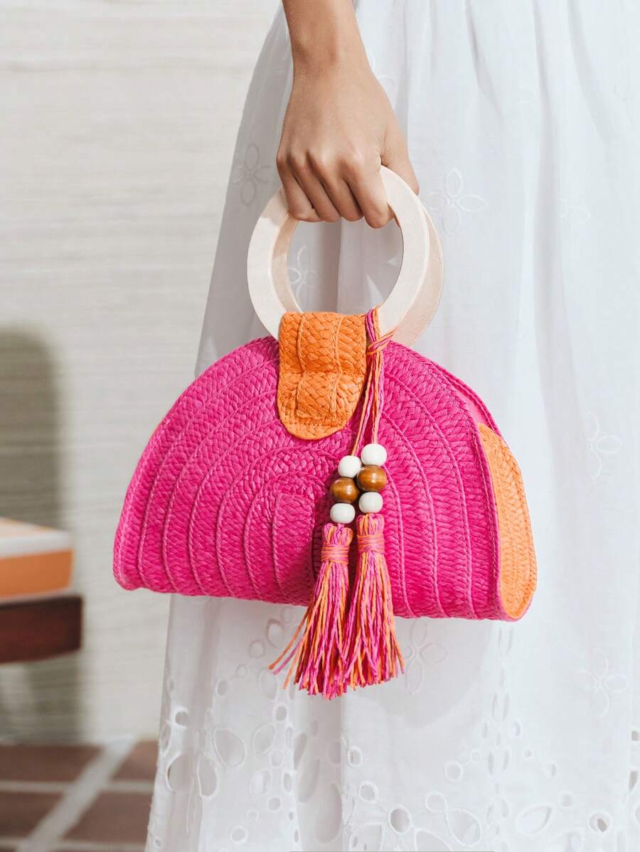 Sac à main rond en bois à deux - Paper Straw Color avis et prix