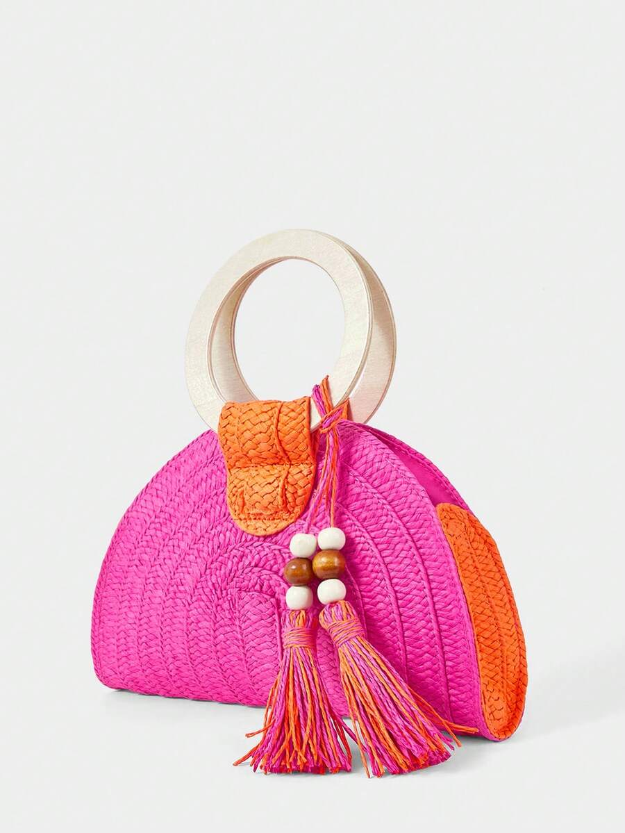 Sac à main rond en bois à deux - Paper Straw Color avis et prix